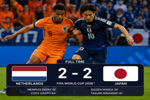 Netherlands and Japan players competing during a World Cup Group F match