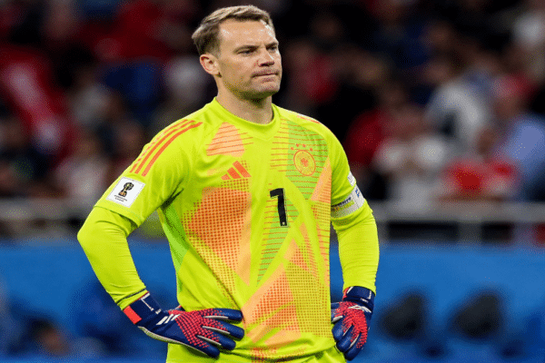 Manuel Neuer reacting after conceding a goal in a World Cup match against Paraguay