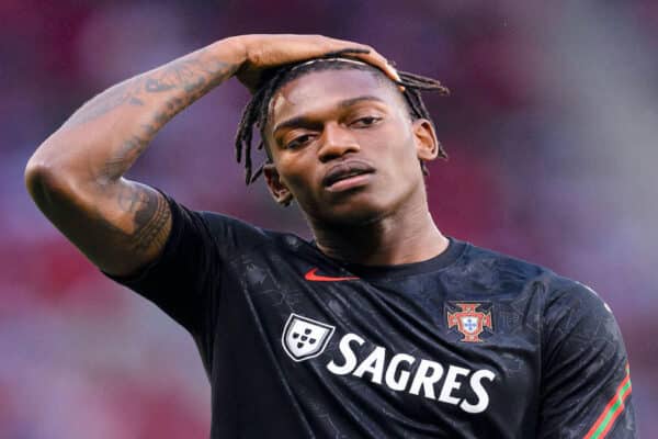 Alt Text: Rafael Leão reacting after receiving a red card during Portugal's friendly match