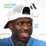 Brazil forward Vinícius Júnior speaking at World Cup 2026 press conference