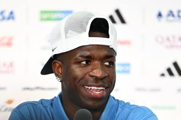 Brazil forward Vinícius Júnior speaking at World Cup 2026 press conference