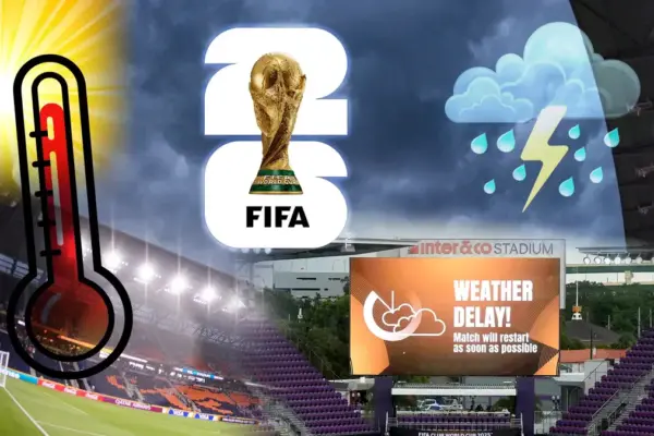 Dark storm clouds gathering above a football stadium ahead of a World Cup match