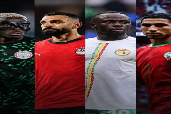 Players from African national teams celebrating during a major international football tournament.