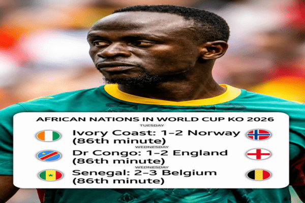 Players from African teams react after conceding late goals at the 2026 World Cup.