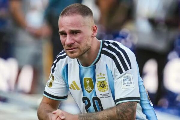 Argentina midfielder Alexis Mac Allister reacts after the 2026 FIFA World Cup final against Spain.