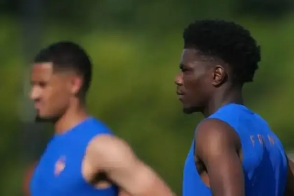 Aurélien Tchouaméni training with the France national team ahead of the 2026 World Cup semi-final against Spain.