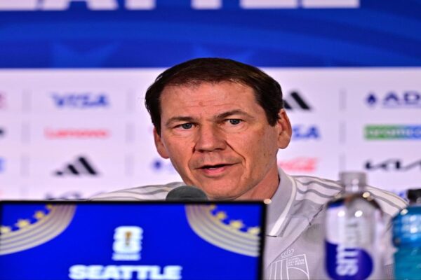 Belgium coach Rudi Garcia speaks during a World Cup press conference before facing Senegal.