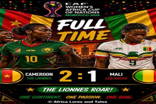 Cameroon players celebrate during their 2-1 victory over Mali at the 2026 Women's Africa Cup of Nations.