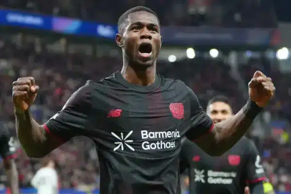 Christian Kofane during a Bayer Leverkusen match amid Everton transfer interest.