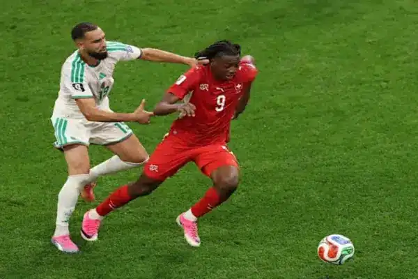 Johan Manzambi celebrates after helping Switzerland beat Algeria at the 2026 FIFA World Cup.