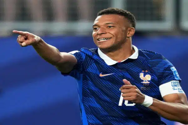 Kylian Mbappé celebrates after scoring for France against Sweden at the World Cup 2026.