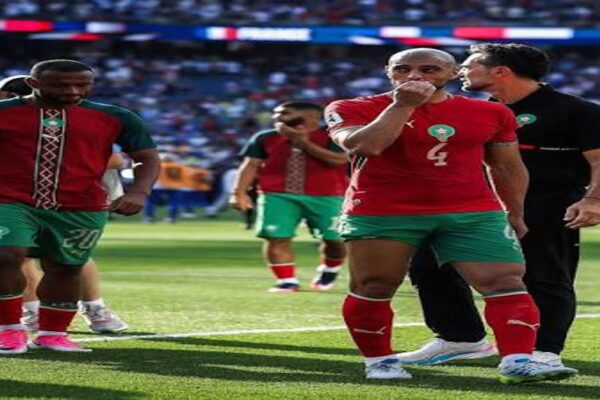 Morocco players celebrate during the 2026 FIFA World Cup after reaching the quarter-finals.