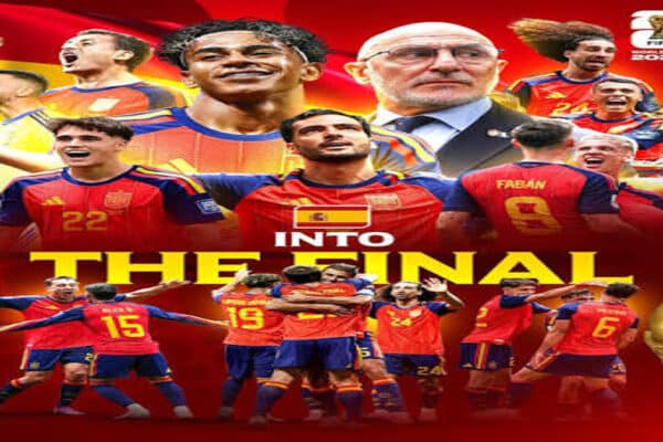 Spain players celebrate after defeating France to reach the 2026 World Cup final.