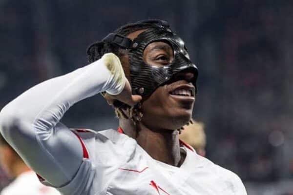 Yan Diomande during an RB Leipzig match as Real Madrid and PSG continue transfer negotiations.