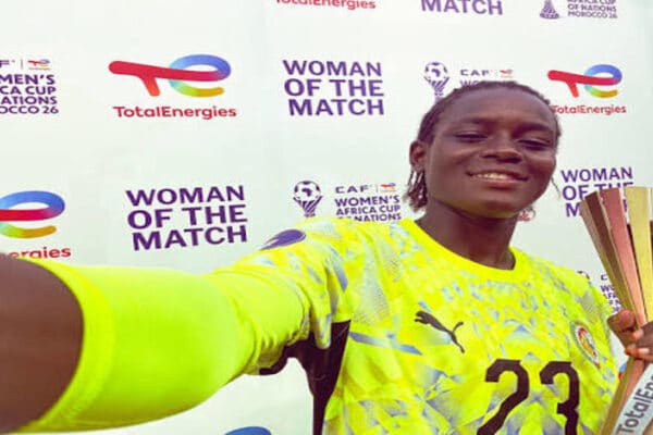 Senegal goalkeeper Adji Ndiaye makes a save during the Women's AFCON 2026 match against Morocco.
