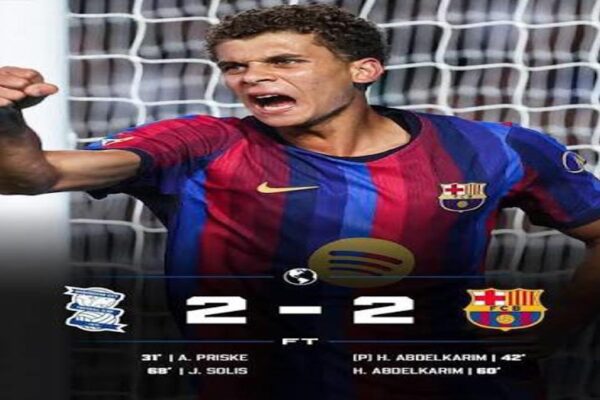 Hamza Abdelkarim celebrates after scoring for Barcelona on his first-team debut against Birmingham City.