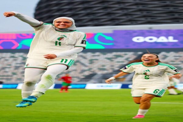 Lina Boussaha celebrating after scoring for Algeria against Morocco at Women's AFCON 2026