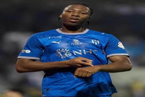 Ivorian striker Mohamed Meïté celebrates after scoring for Al Hilal against Al Khaleej in the Saudi Pro League.