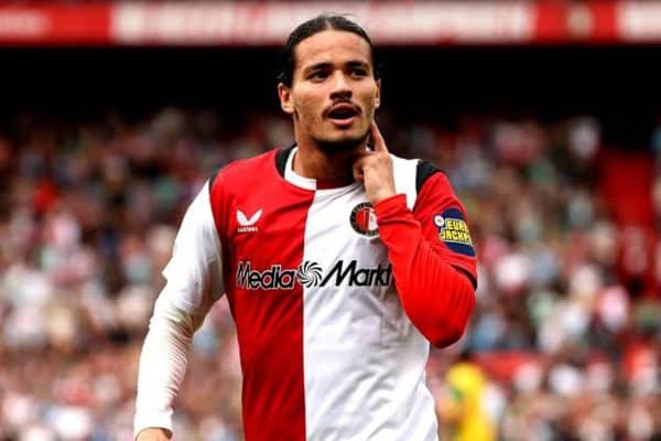 Anis Hadj Moussa celebrates after scoring twice for Feyenoord against Utrecht.