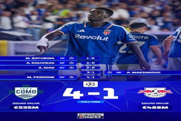 Assane Diao celebrates after scoring for Como against RB Leipzig in his Champions League debut.