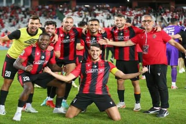 USM Alger players celebrate during their 2-0 victory over JS El Biar at the July 5 Olympic Stadium.