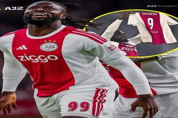 Tolu Arokodare during a football match, associated with his tribute to injured team-mate Kasper Dolberg.